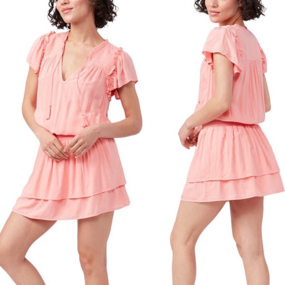 PAIGE Christina Smocked Tiered Ruffle Mini Dress Peach Tree Size L